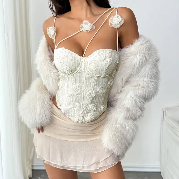 Corset chic en polyester avec dentelle 3D rose crème pour femmes, bustier élégant pour streetwear et clubwear
