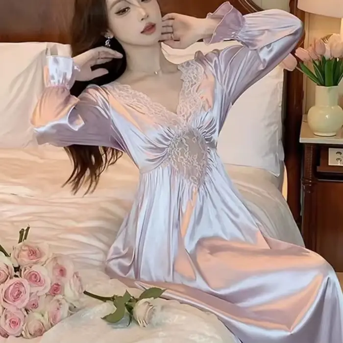 Dlouhá dámská noční košile, francouzský retro styl, princezna noční košile, jarní-letní noční prádlo, rayon volné padnoucí domácí oblečení, ležérní oblečení
