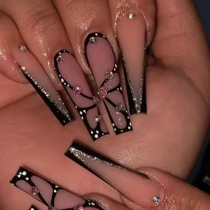 Faux ongles de Ballet longs, 24 pièces, papillon rose avec strass, Design français, portables, à pre