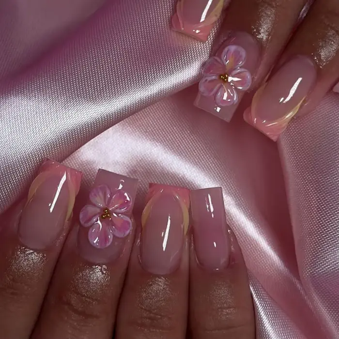 24 faux ongles à presser mi-longs, rose, style français, motif floral, réutilisables, avec perles, p