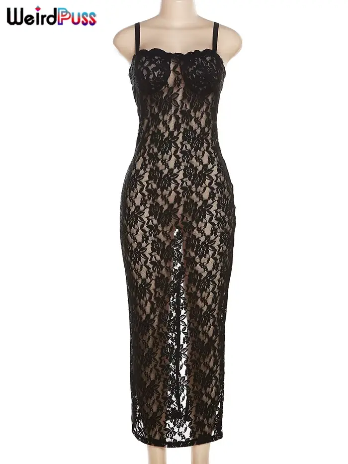 Bizarre chat dentelle noir femmes robe Maxi voir à travers sans manches dames Sexy Coquette discothè
