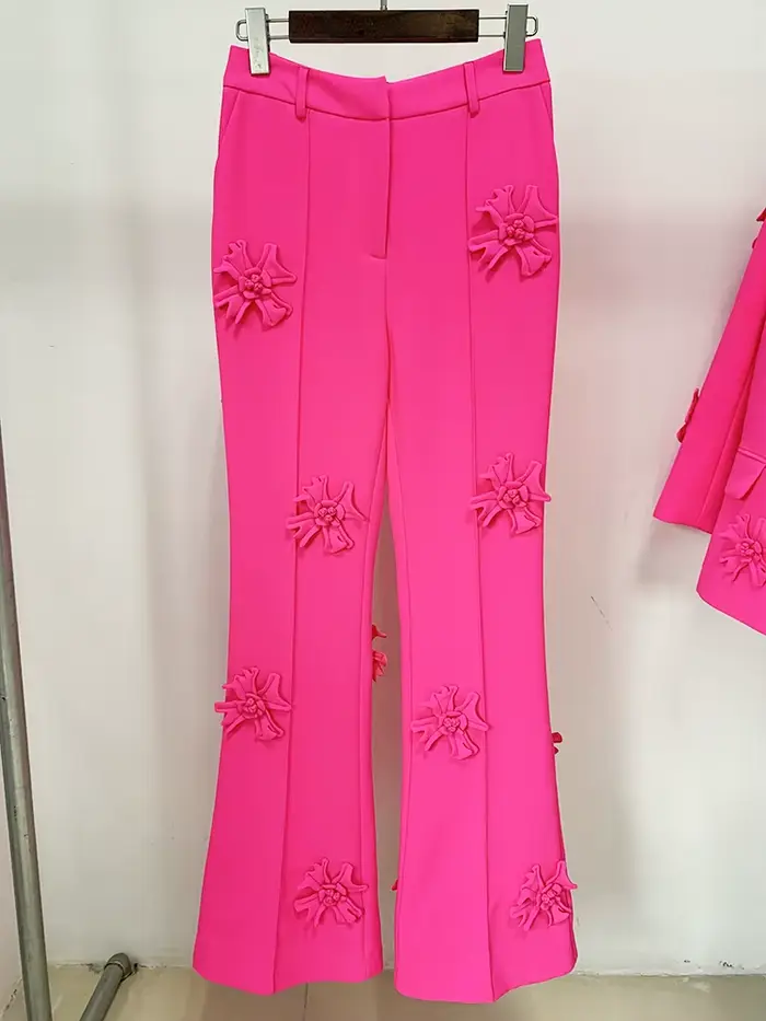 O'ZACKET rozšířené kalhoty pro ženy, trojrozměrný květinový design, bavlna a polyester, ležérní střih, ideální pro kancelářské a formální akce