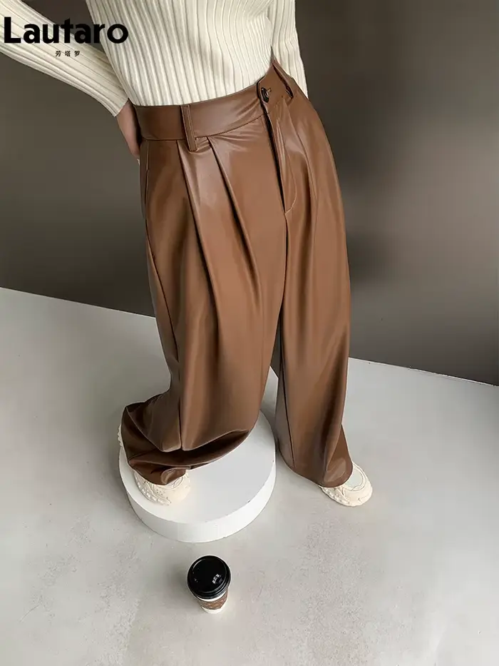 Lautaro-Pantalon à jambes larges en cuir PU pour femme, décontracté, fluide, doux, noir, marron, tai