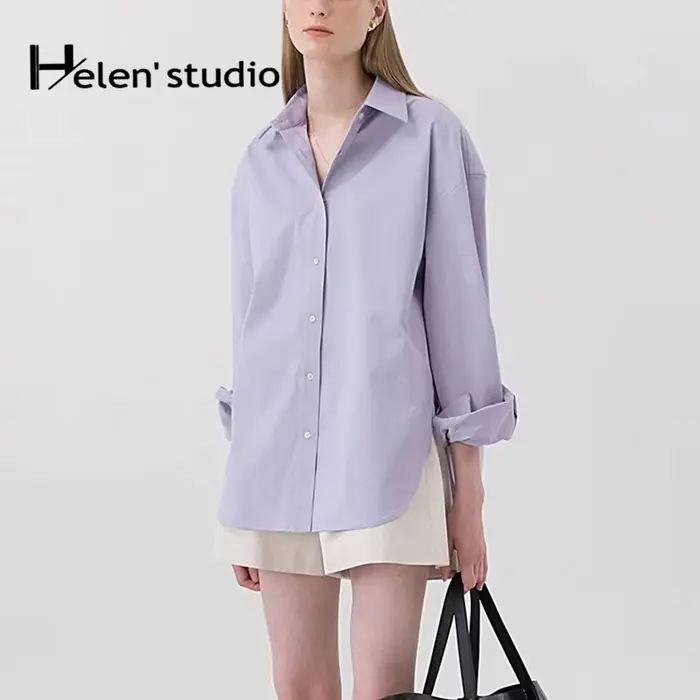 Chemise ample 100% coton pour femme, élégante et décontractée, col rabattu, manches longues