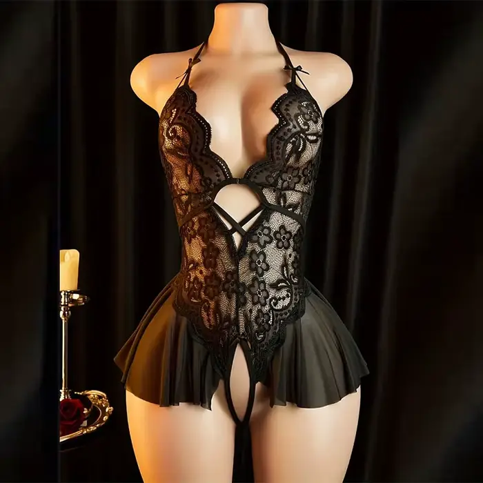 Lingerie coquine sans entrejambe pour femmes adultes, body sexuel en dentelle, entrejambe ouvert, robe de poupée porno, ensemble de sous-vêtements Sexy noirs