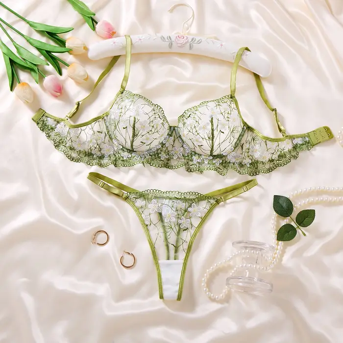 Spodní prádlo jeden kus v sexy zelené květinové krajky a průhledný, vyšívané, měkké a vášnivý francouzský styl, ZA825194 podprsenka