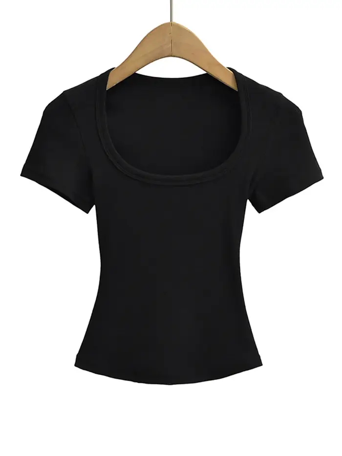 Col carré haute Stretch été culture hauts femmes à manches courtes hauts Sexy pull sommets Blouses m