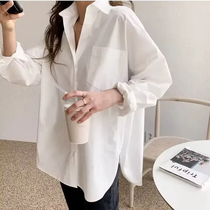 Bureau dame élégant blanc décontracté Blouses amples mode nouveau coton à manches longues femmes che
