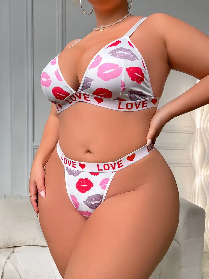 Dámské Sexy potisk Lip Spodní prádlo Set, Bralette a tanga francouzské trojúhelníkové klobouky, Uglier Support Spodní prádlo
