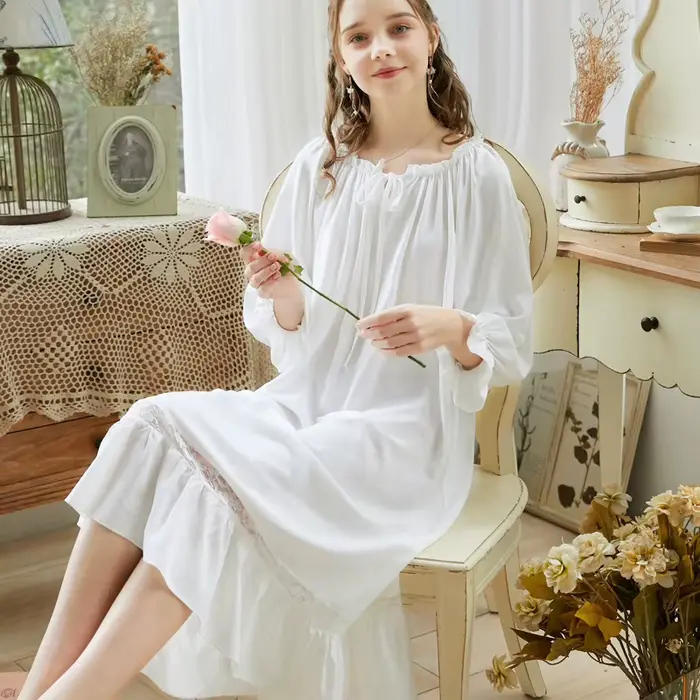 Chemise de nuit à manches longues pour femmes, tenue de printemps et d'automne, douce, ample, vêtements de maison, en coton, vêtements de nuit féminins