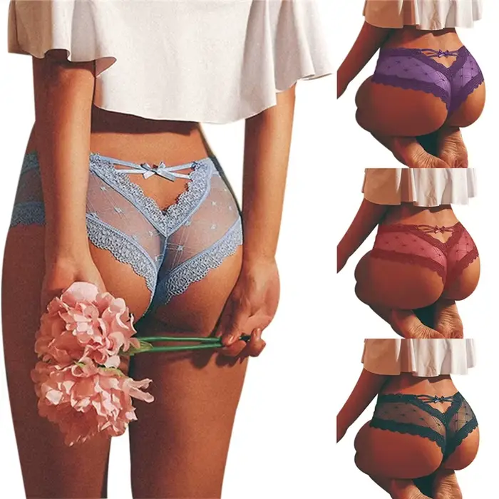 Xingqing femmes Sexy dos en V croisé culotte dentelle florale taille basse voir à travers les sous-vêtements Lingerie slips Tanga culotte