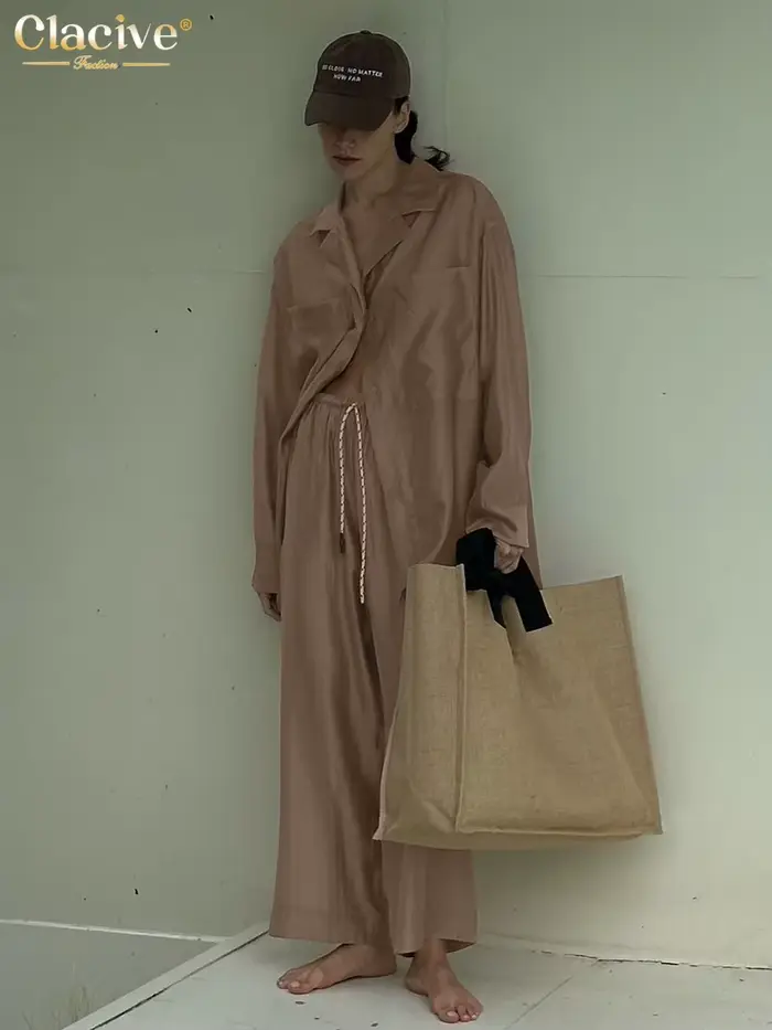 ClacMarkets-Ensemble 2 Pièces Marron Élégant pour Femme, Chemise à Manches sulf, Pantalon Large Tail