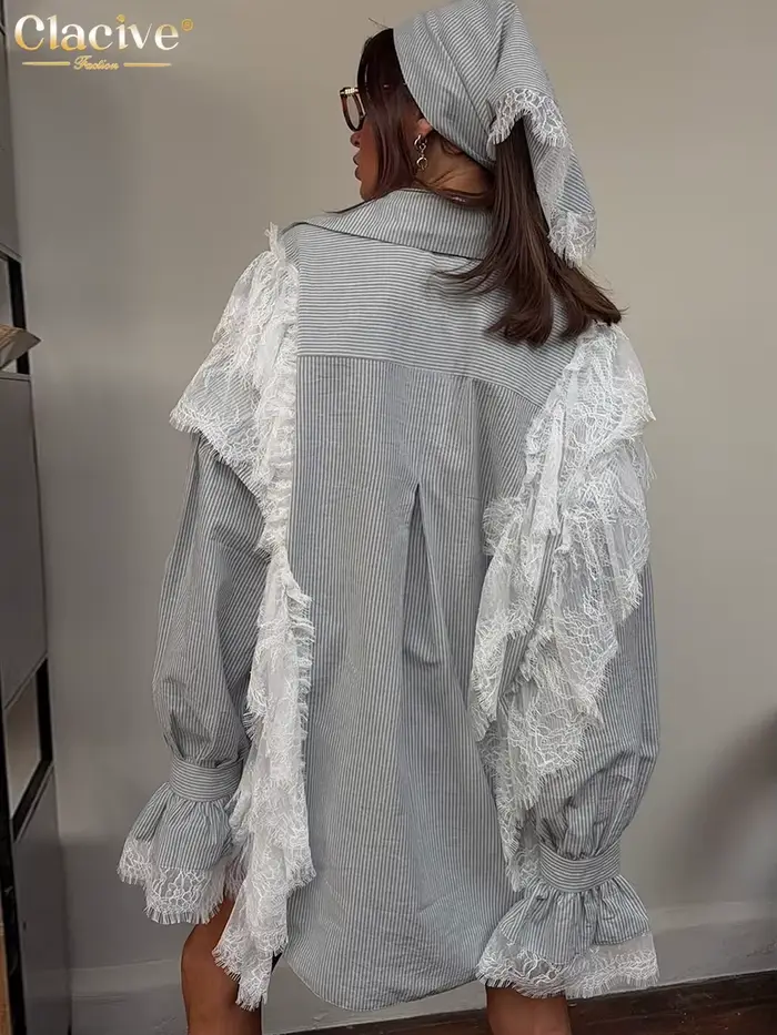 Clacive mode ample gris rayure dentelle épissé femmes deux pièces ensemble élégant à manches longues