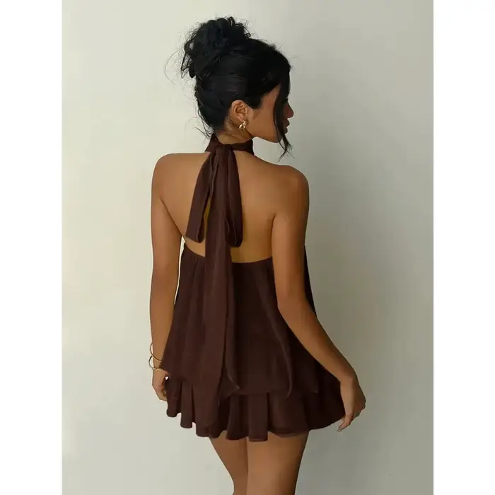 Robe licou pour femme, dos nu, en mousseline transparente, mini-jupe à nouer devant, robe de soirée 