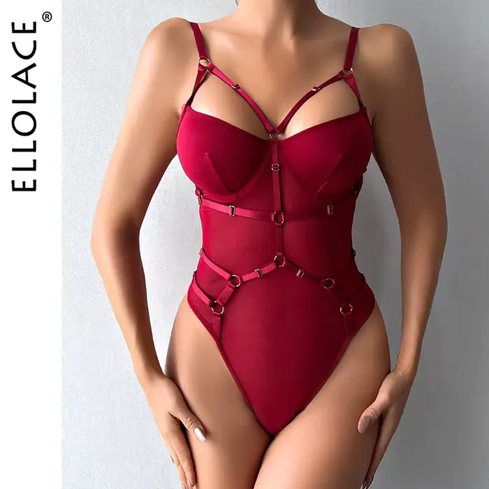 Ellolace body en dentelle avec jarretière voir à travers les hauts moulants maille sans couture une pièce fantaisie élégante Lingerie Sexy Teddy