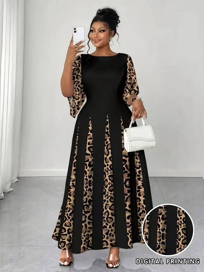 Robe maxi élégante à imprimé léopard, robe longue à manches longues tendance grande taille, vêtement