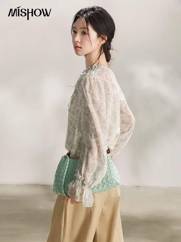 MISHOW – chemisier à volants pour femmes, bleu clair, imprimé Paisley, col en v, manches longues, en