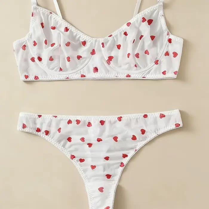 Ensemble de lingerie féminine sexy transparente avec imprimés d'amour soutien-gorge push-up et culotte ajustable pour femmes occasions spéciales
