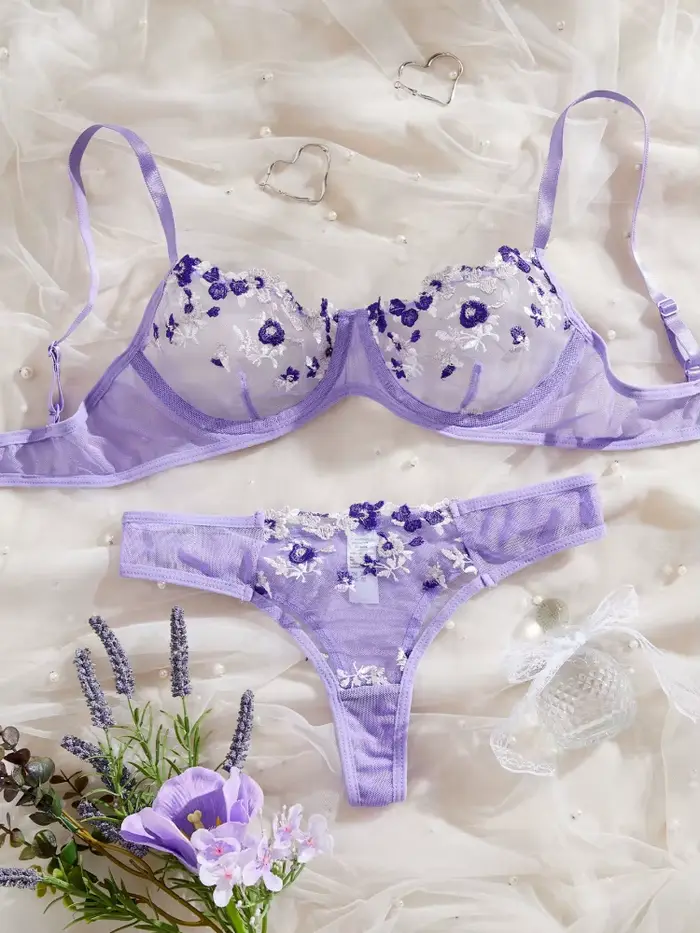 Lingerie pour la Saint-Valentin Ultra sexy avec broderie de fleurs jaunes, ensemble soutien-gorge et