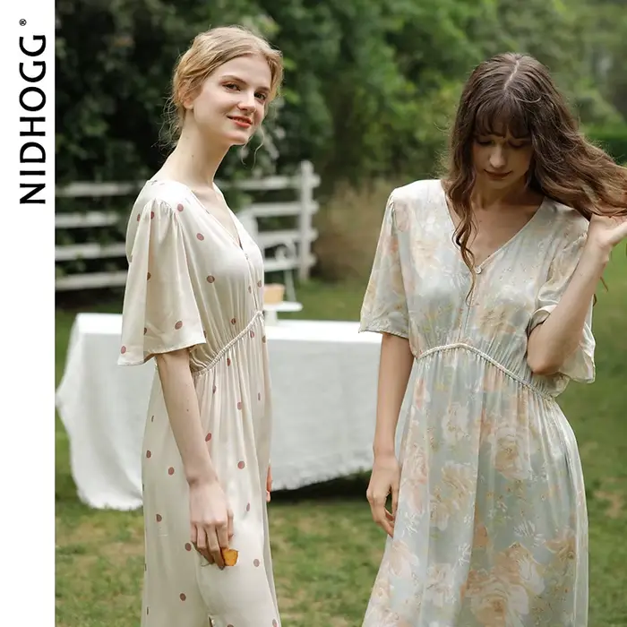 Dámské nikl E saténové noční košile, V-neck noční košile, krátký rukáv noční košile, jemné noční košile, měkké dlouhé sukně, podzim