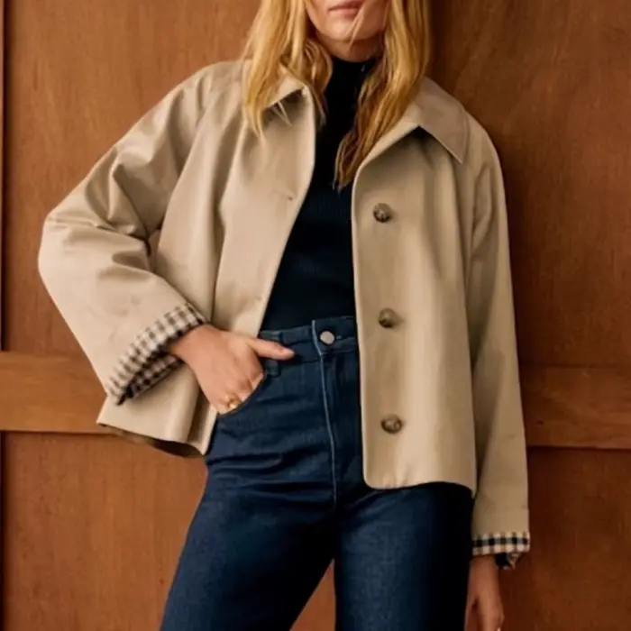 Nouveau Trench court pour femmes revers boutonné surdimensionné décontracté veste courte avec doublu