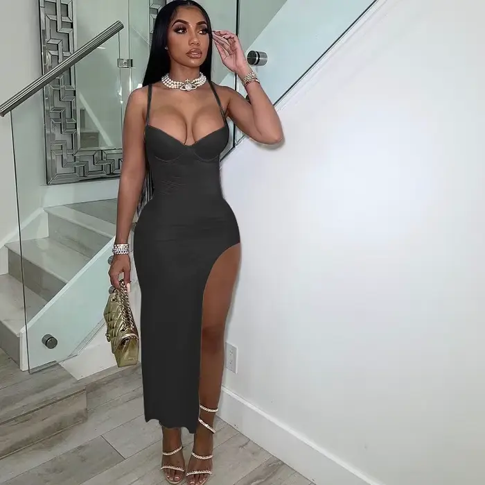 Robe de Soirée Sexy à Bretelles Spaghetti pour Femme, Tenue Élégante à Fente Haute, Dos aux, Slim, T
