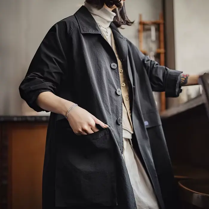 Maden – manteau Balmacaan noir pour femme, col simple boutonnage, mi-long, coupe-vent, pour printemp