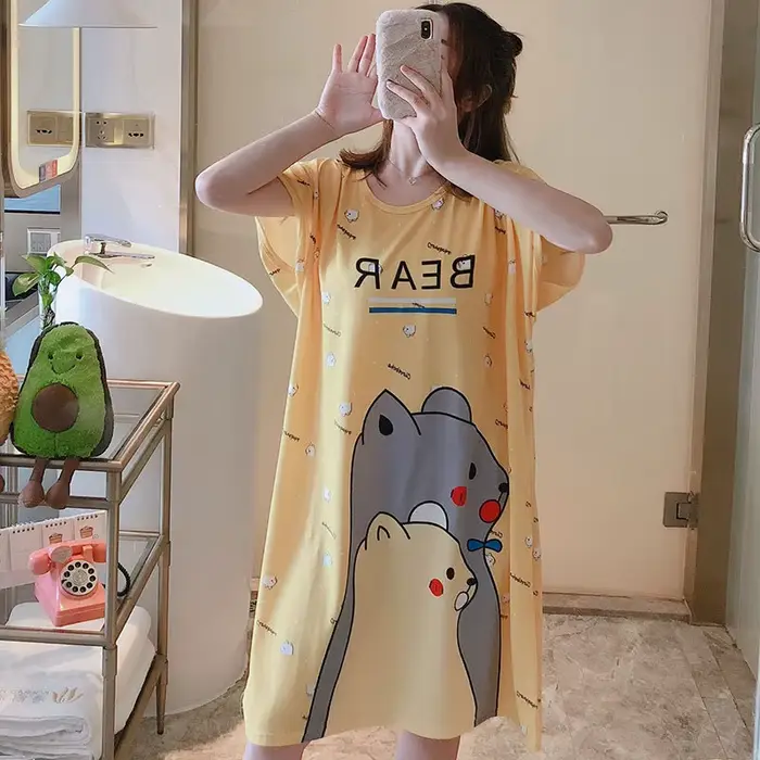 Chemise de nuit à manches courtes pour femmes et filles, chemise de nuit de dessin animé mignon, vêtements de nuit décontractés doux, chemise de nuit d'été, grande taille