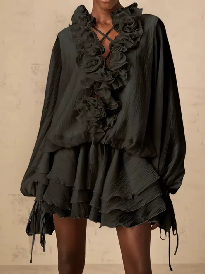 TWOTWINSTYLE – robe ample à fleurs 3D pour femmes, couleur unie, col en V, manches longues, Patchwor