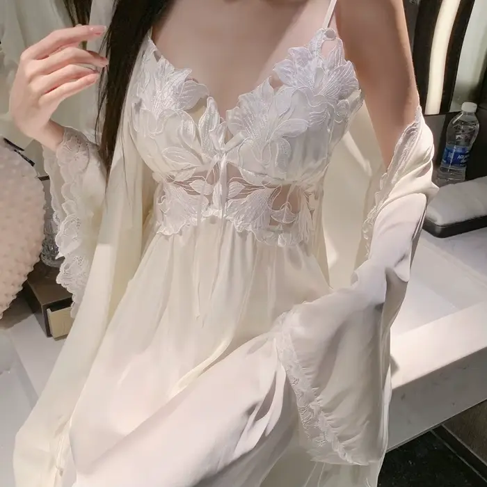 Ensemble de Robe Longue pour Femme, Chemise de Nuit Élégante en Satin Soyeux, Vêtements de Nuit et d'Intérieur, Lingerie Sexy en Dentelle Évidée, Tenue de Détente