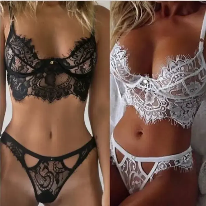 souprava Sexy Ultratenká krajka, teplé spodní prádlo pro ženy, podprsenka a kalhotky tanga, krajka průhledný, intimní otevřená černá