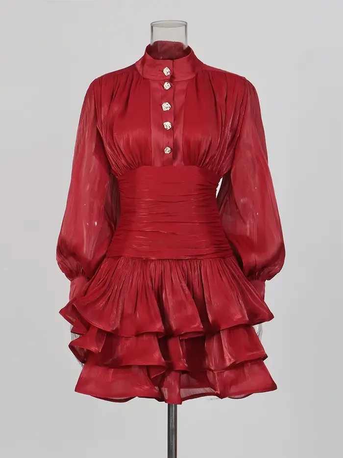TWOTWINSTYLE élégant minceur épissé volants plis Mini robes pour les femmes col montant manches long