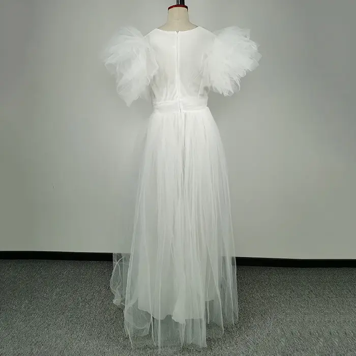 Robe de soirée en mousseline de soie blanche pour femmes, manches courtes, col en V, grande taille,