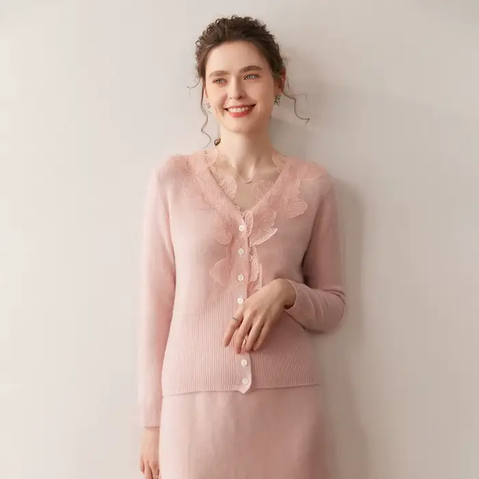 Cardigans de luxe en cachemire pour femmes, col en v, hauts en tricot, décontracté, motif feuilles,