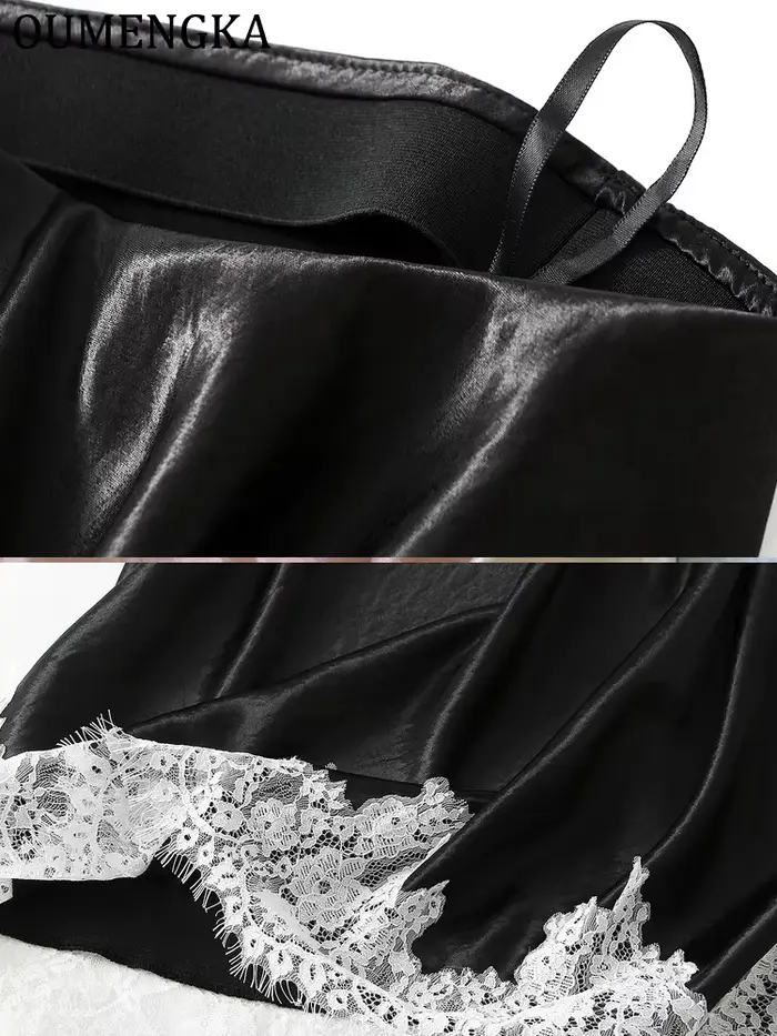 OUMENGKA été français élégant Satin sirène jupe femmes dentelle Patchwork taille élastique longue a-