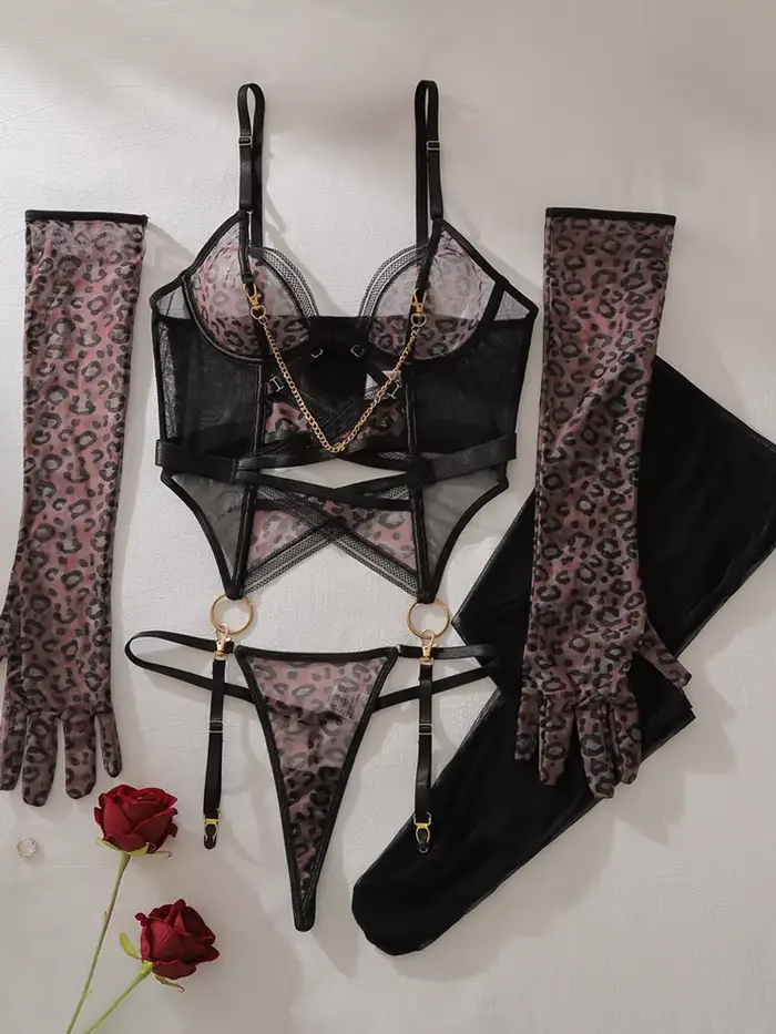 Ensemble de lingerie sexy transparente motif léopard avec gants en maille élégants, tenue de nuit sc