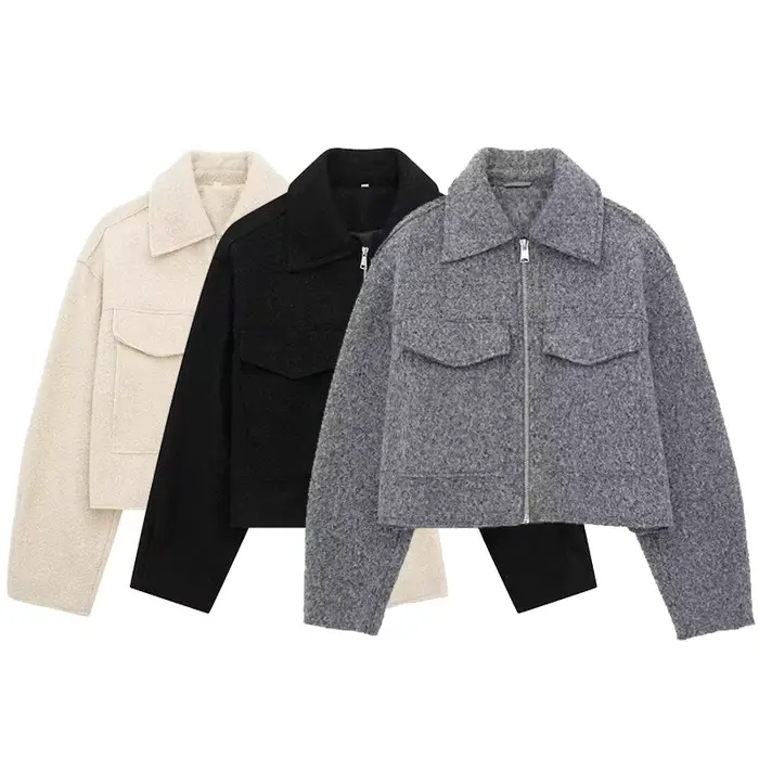 Willshela femmes mode avec poches gris avant vestes à glissière Vintage revers cou manches longues f