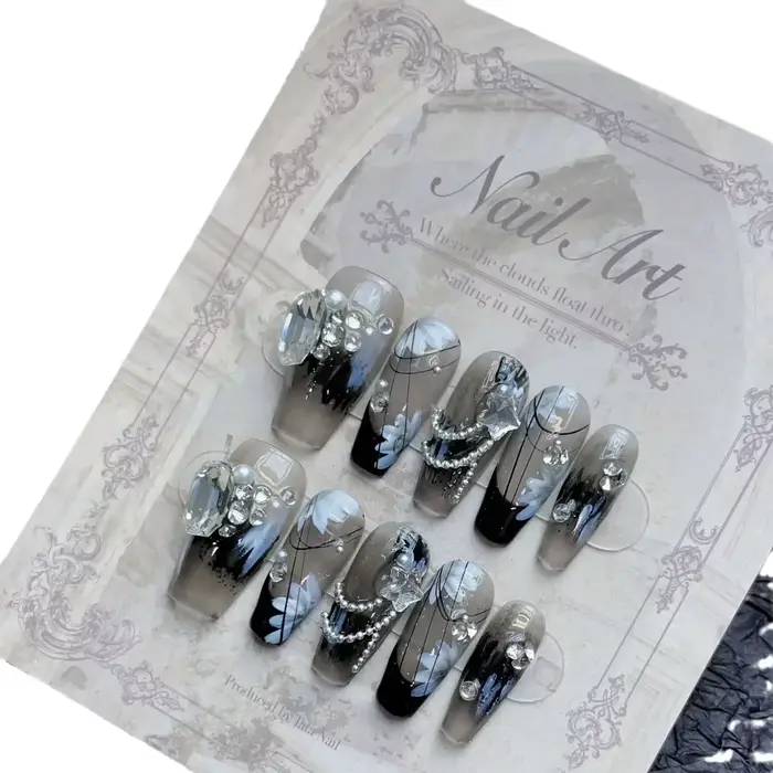 10 pièces noir fait à la main presse sur ongles fleur Ballet portable strass faux ongles décoration
