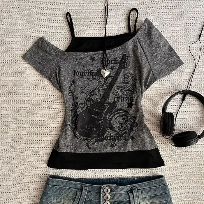 Y2k Slim Fit imprimé hauts femmes épaules dénudées à manches courtes t-shirt Neploe américain Vintag