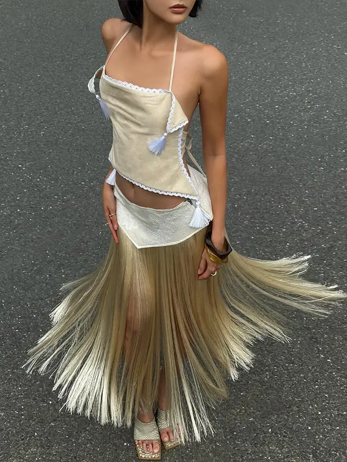 Kliou Sexy Módní Sukně Kostým Žena Halter Bandáž Odhalená Záda Nepravidelný Crop Top + Střapec Dekorace Dlouhé
