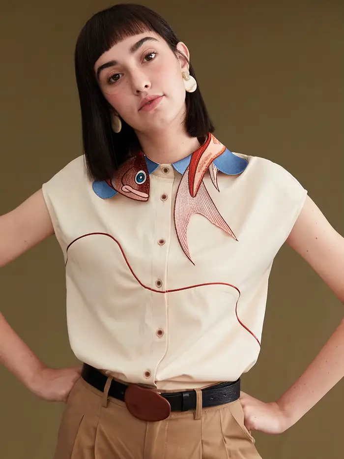 Chemise à manches courtes pour femmes, brodée irrégulière, poisson Koi, printemps et automne