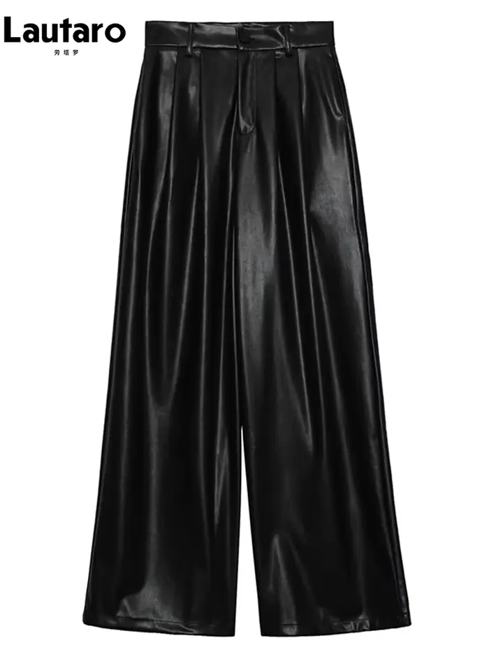Lautaro-Pantalon à jambes larges en cuir PU pour femme, décontracté, fluide, doux, noir, marron, tai