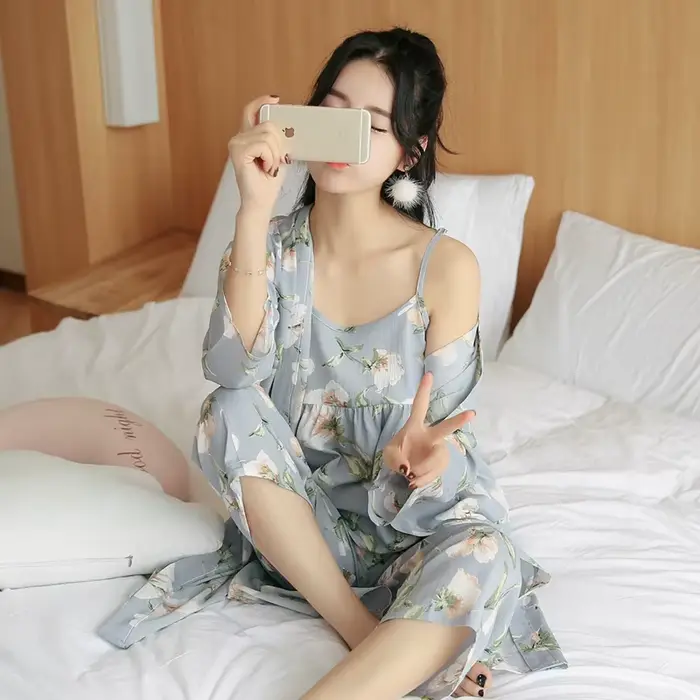 3dílné dámské japonské kimono pyžamo z bavlny