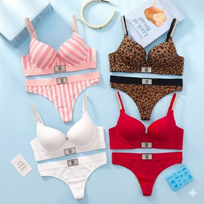 Victoria's Secret bezdrátová podprsenka a kalhotky set, sexy spodní prádlo pro ženy, pohodlná krajka push-up podprsenka
