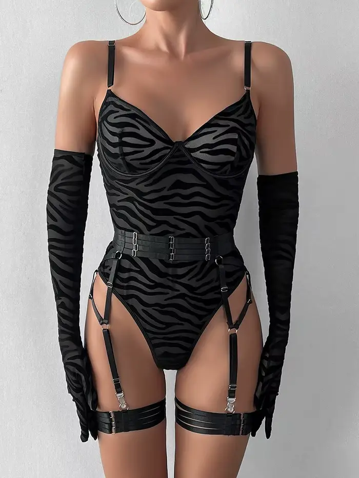 Combinaison une pièce sexy avec gants pour femmes, jarretières, barboteuses en maille, body, dentelle, doux, coréen, EV5W