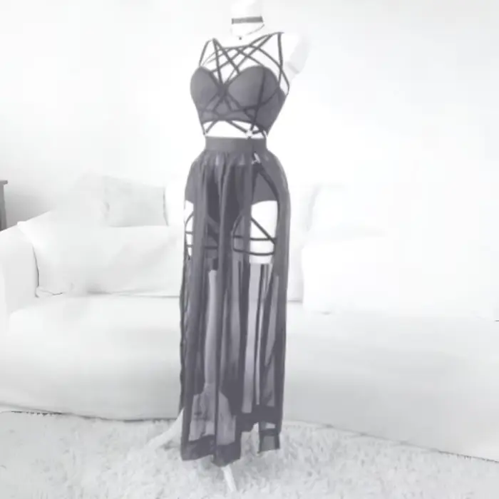 Ensemble de lingerie 3 pièces sexy pour femme, style gothique, érotique, Emo, Alt Punk, avec haut court dos nu en maille transparente et jupe taille haute