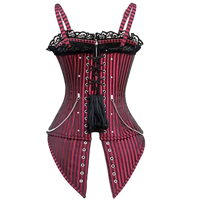 Sexy krajkový korzet košilka pro ženy, nízký střih, zip, punk rockový styl, cosplay, gotické oblečení, vyčnívající tělo, zeštíhlující, červený pruhovaný top