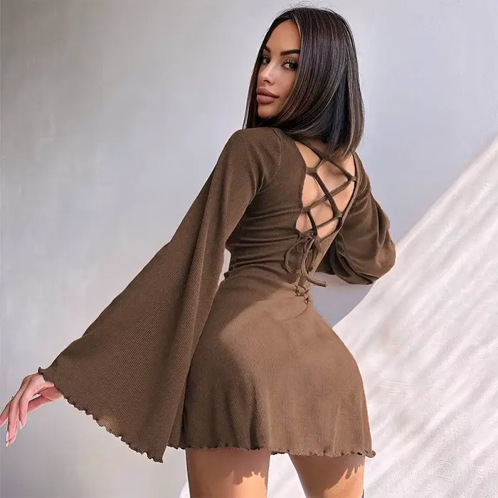 Sexy noční klub Mini šaty Dámské Krátké večerní šaty Zpět Bandáž O krku Linka vzplanul rukávy Podzimní dámské šaty Podzimní šaty