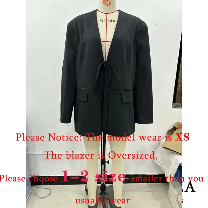 KONDALA décontracté surdimensionné noir Blazer femmes col en V nœud papillon poches vestes amples mo