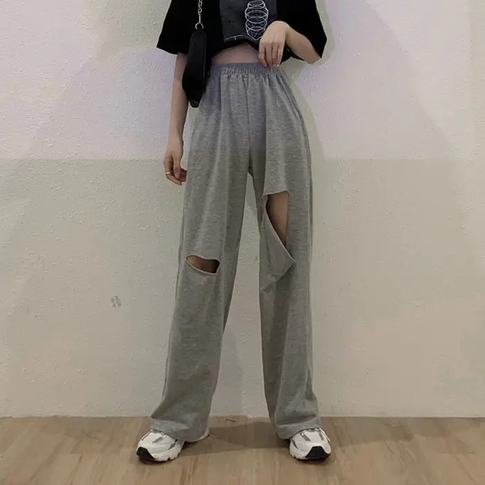 Pantalon Harajuku à jambes larges ajouré pour femmes, jogging, troué, Streetwear Chic, pantalon droi